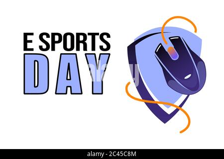 Esports game day poster for tournament events. PC Mouse on shield with space for text, cartoon vector illustration. Cybersport technology blue logo on white background. Concept for gamer stream cover. Stock Vector