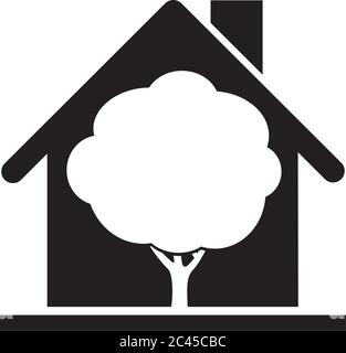 Black house icons. Building line icon with tree. Vector Illustration. Stock Vector