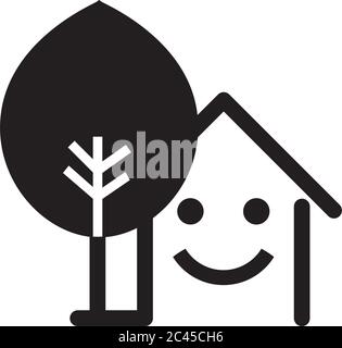 Black house icons. Building line icon with tree. Vector Illustration. Stock Vector