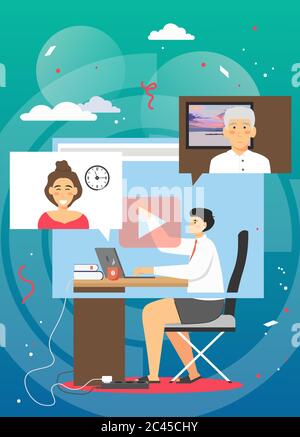 Video conferencing from home, vector flat illustration Stock Vector