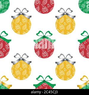 Cheerful paisley baubles vector seamless pattern background. Backdrop of red and yellow decorative Christmas ornaments with silver and green bows Stock Vector