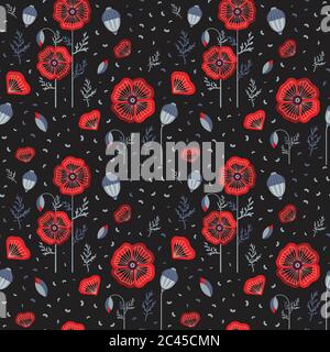 Red Poppy Wildflower Botanical Pattern Stock Vector