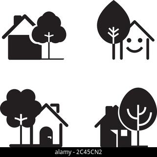 Set of house icons. Buildings line icons with tree. Vector Illustration. Stock Vector