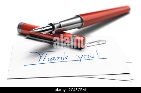 3D illustration of the text thank you hanwritten on a business card and a red fountain pen over white background Stock Photo