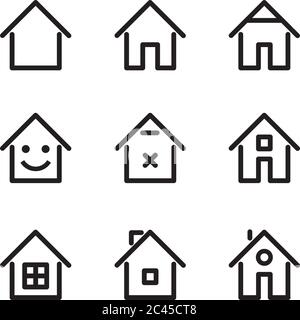 Set of house icons. Buildings line icons with tree. Vector Illustration. Stock Vector