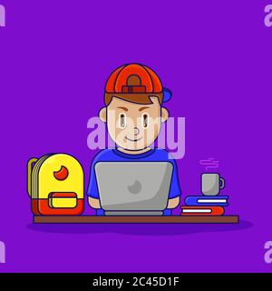 illustration study from home, young man wear red hat Stock Vector