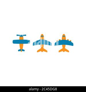 Airplane colorful vector cartoon icon set. Jet plane, retro airplane with airscrew cartoon icons in blue and orange. Stock Vector