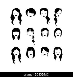 Pretty woman hairstyle icons for hair salon. Female haircut silhouette black vector set. Stock Vector
