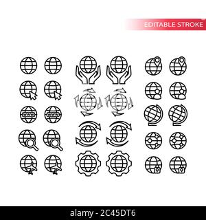 Globe, sign for website thin line vector icon set. Editable stroke. Stock Vector