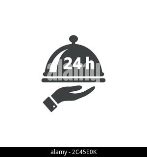 Twenty four hour service or non stop food delivery. Dish cap, meal cover or tray server and a hand with 24 h black isolated vector icon. Stock Vector