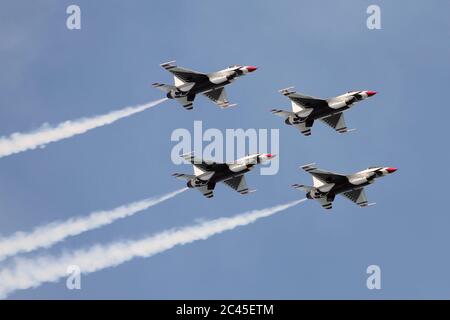 JESOLO, ITALY - JUNE 12: US Air Force Thunderbirds aerobatic team performs at the Jesolo airshow on June 12, 2011 in Jesolo, Italy Stock Photo