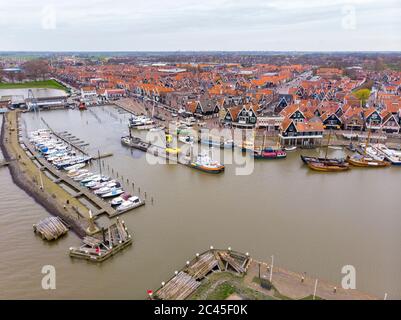 Aerial Shot of the harbor in Volendam town in Holland Stock Photo