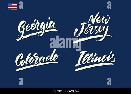 Set of the names of the states of America written with a brush. Stock Vector