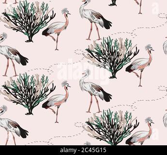 Large bird patter savannah design. Grey crowded crane birds exotic seamless pattern, pink background. Floral ditsy decoration, intage bird drawing abs Stock Vector