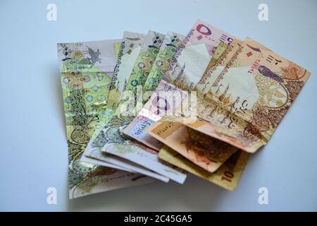 Qatari currency 100,50,10, Stock Photo