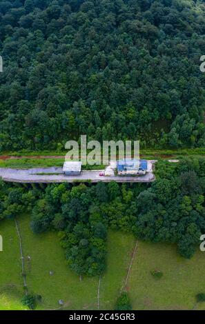 Aerial view of the Yera station at the North mouth of the La Engaña Tunnel, Vega de Pas, Valles Pasiegos, Cantabria, Spain, Europe