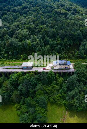 Aerial view of the Yera station at the North mouth of the La Engaña Tunnel, Vega de Pas, Valles Pasiegos, Cantabria, Spain, Europe