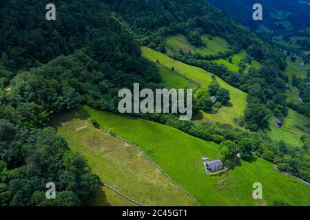 Aerial view of the Yera station at the North mouth of the La Engaña Tunnel, Vega de Pas, Valles Pasiegos, Cantabria, Spain, Europe