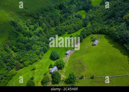 Aerial view of the Yera station at the North mouth of the La Engaña Tunnel, Vega de Pas, Valles Pasiegos, Cantabria, Spain, Europe