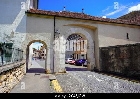 Gate to Faubourg-de-France in Porrentruy Old Town, canton Jura, Switzerland. Stock Photo