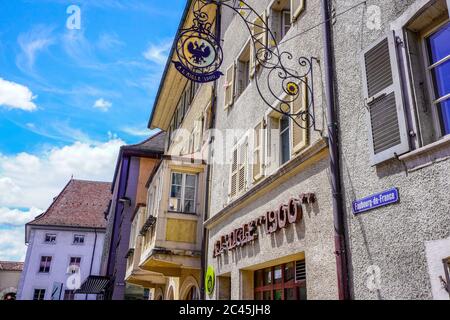 Old building by Faubourg-de-France in old town Porrentruy, Canton of Jura, Switzerland. Stock Photo