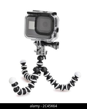 action camera in dive housing on gorilla stand path isolated on white Stock Photo