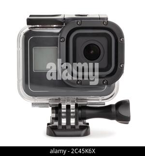 action camera in dive housing on mounting path isolated on white Stock Photo