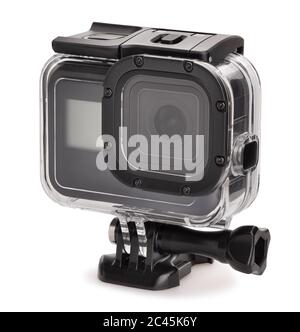 action camera in dive housing on mounting path isolated on white Stock Photo