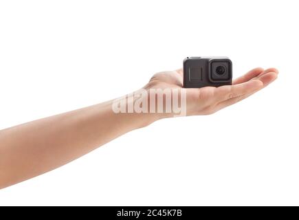 action camera in hand path isolated on white Stock Photo