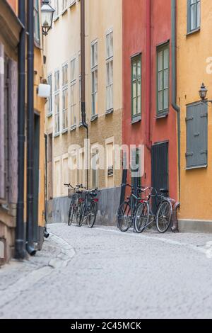 View along an empty Gamla Stan, Stockholm, Sweden during the Corona virus crisis. Stock Photo