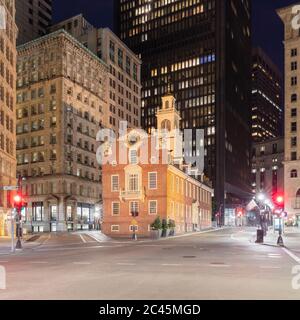 Exterior of the Old State House, Boston, Massachusetts, USA at night, during the Corona virus crisis. Stock Photo