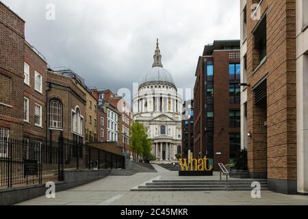 View along empty Peter's Hill street towards St Paul's Cathedral in London during the Corona virus crisis. Stock Photo