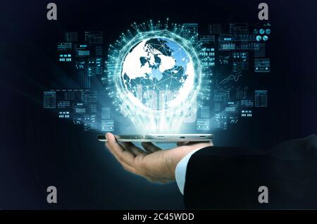A businessman showing internet big data computing process in his hand Stock Photo