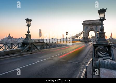 Chain bridge in Budapest, Motion traffic lights Stock Photo