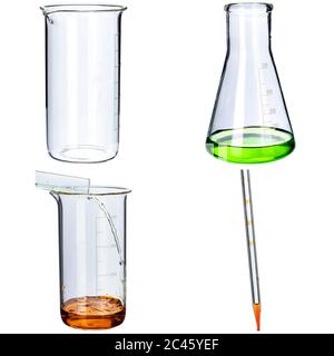 Collage of laboratory glassware on white background Stock Photo