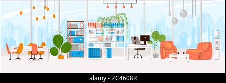 Vector Flat Collection of Creative Workplace with Modern Open Space and Empty Office Interior - Business and Contemporary Co-Working Illustraton. flat Stock Vector