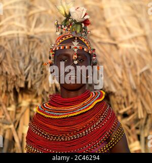Rendille tribeswoman wearing traditional headdress and jewellery, Marsabit district, Ngurunit, Kenya Stock Photo