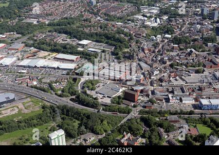 aerial view of Stockport town centre with the Sainsburys and Asda superstores in the middle of the shot Stock Photo