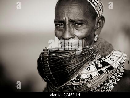 Rendille tribeswoman wearing traditional headdress and mpooro engorio necklace, Marsabit district, Ngurunit, Kenya Stock Photo