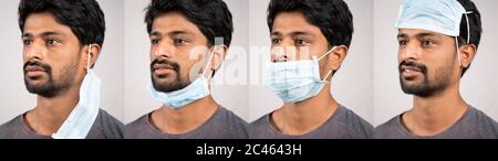 Collage of young man in improper way of using medical face masks - Awareness concept to ware mask, to protect from coronavirus or covid-19 pandemic Stock Photo