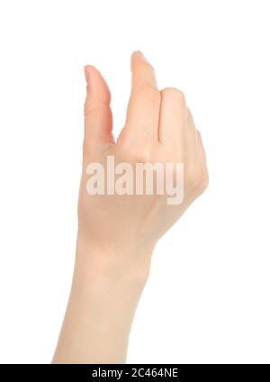 Woman hand with gesture like enlarging the picture on tablet PC screen, on white background Stock Photo
