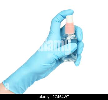 Hand in gloves holds spray bottle Stock Photo Alamy