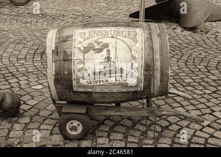 FLENSBURG, GERMANY. JANUARY 28, 2020. Small barrel with advertising of Rum Kontor Flensburg on the street. Stock Photo
