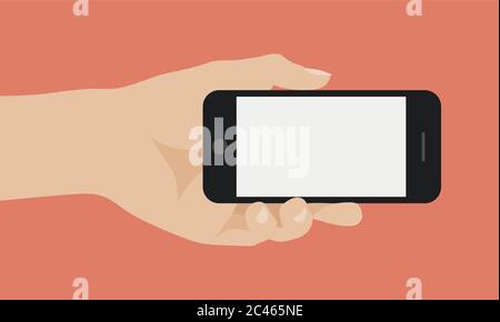 Hand holding smart phone on red background. Flat design vector illustration Stock Vector
