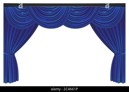 Blue luxury curtains and draperies on white background, realistic vector illustration Stock Vector