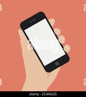 Hand holding smart phone on red background. Flat design vector illustration Stock Vector