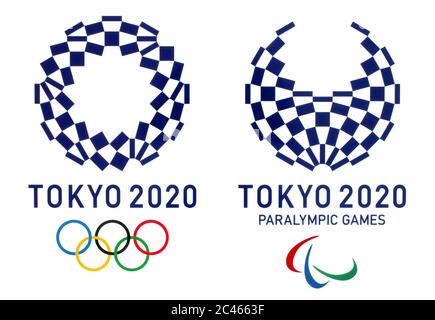 Kiev, Ukraine - February 13, 2019: Official logos of the 2020 Summer Olympic Games in Tokyo, Japan, from July 24 to August 9, 2020, printed on paper Stock Photo