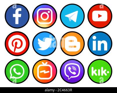 Kiev, Ukraine - March 11, 2019: Set of round icons with black rim of social media printed on paper: Pinterest, Twitter, Instagram, Facebook, LinkedIn, Stock Photo