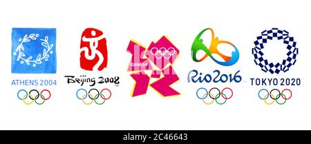 Kiev, Ukraine - March 11, 2019: Collection of official logos of the 2020 Summer Olympic Games in Tokyo, 2016 in Rio, 2012 in London, 2008 in Beijing, Stock Photo