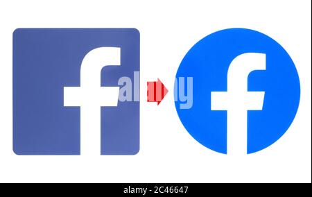 Kiev, Ukraine - May 02, 2019: New and old Facebook logos printed on white paper. Facebook is a well-known social networking service Stock Photo